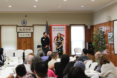 Two speakers on stage at Pacific Atrocities Education Summer Showcase and Fundraiser event